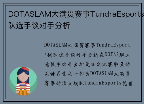 DOTASLAM大满贯赛事TundraEsports战队选手谈对手分析