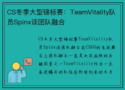 CS冬季大型锦标赛：TeamVitality队员Spinx谈团队融合