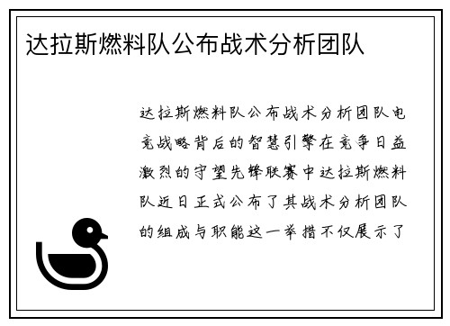 达拉斯燃料队公布战术分析团队