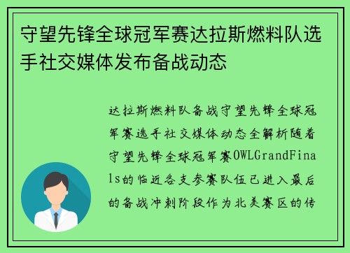 守望先锋全球冠军赛达拉斯燃料队选手社交媒体发布备战动态